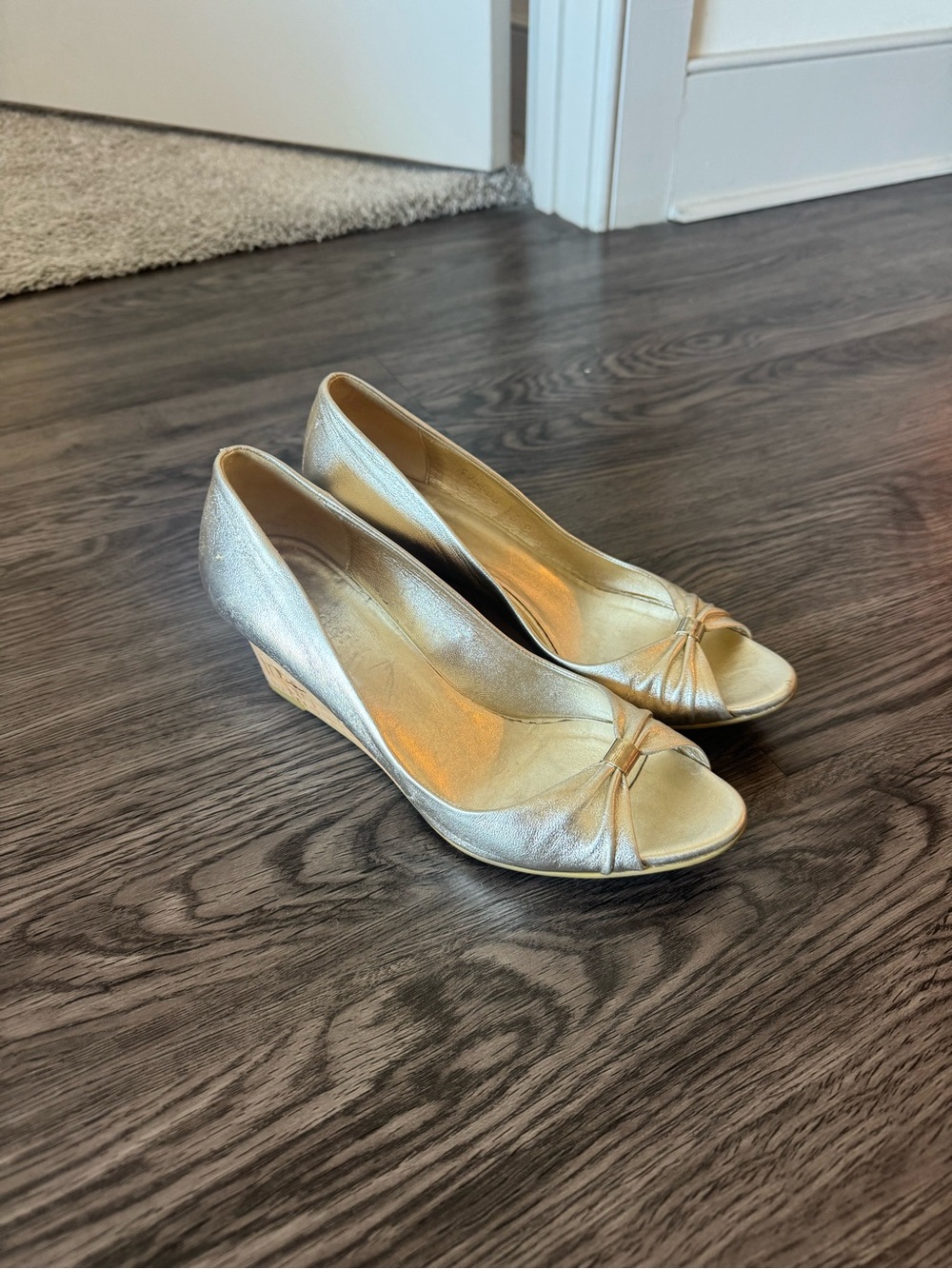 Gucci Metallic Gold Peep-Toe Wedge Pumps